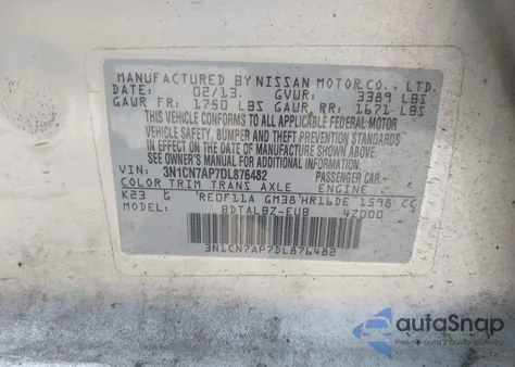 2013 Nissan Versa 1.6 Sv from USA, damaged, VIN 3N1CN7AP7DL876482